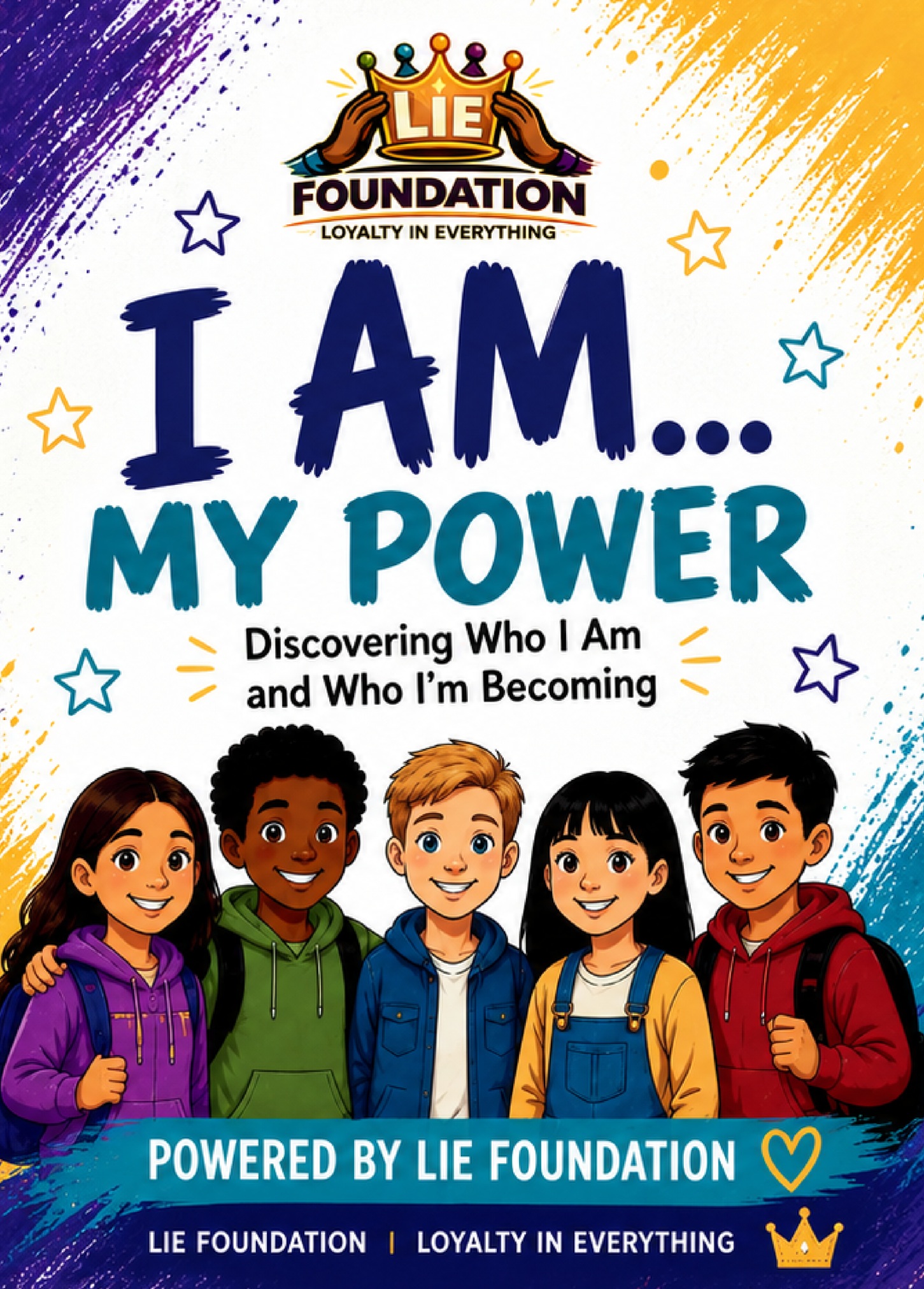 I Am My Power: Discovering Who I Am and Who I’m Becoming — official cover featuring five illustrated children and the LIE Foundation logo